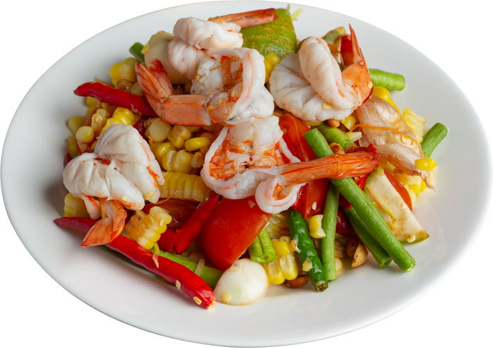 Som Tum with Corn and Shrimp, served with rice noodles and green salad Decorated with Thai food ingredients.